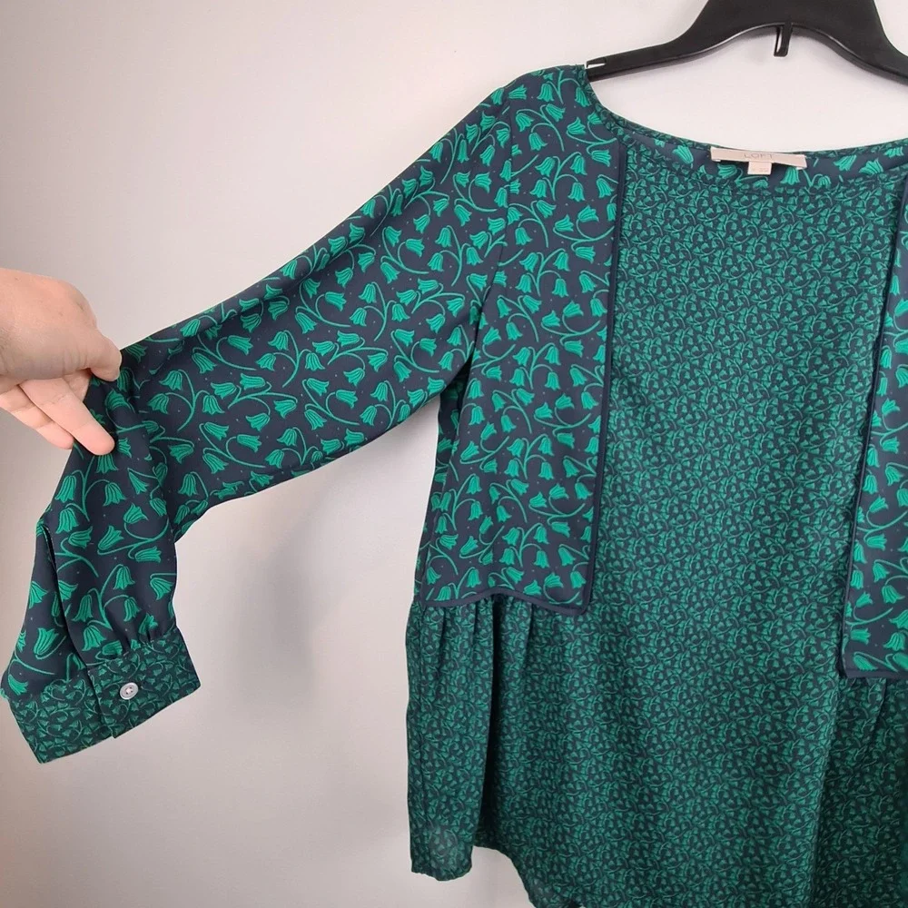 LOFT Womens Green Mixed Floral‎ Peplum Blouse Long Sleeve Boat Neck Top Size M